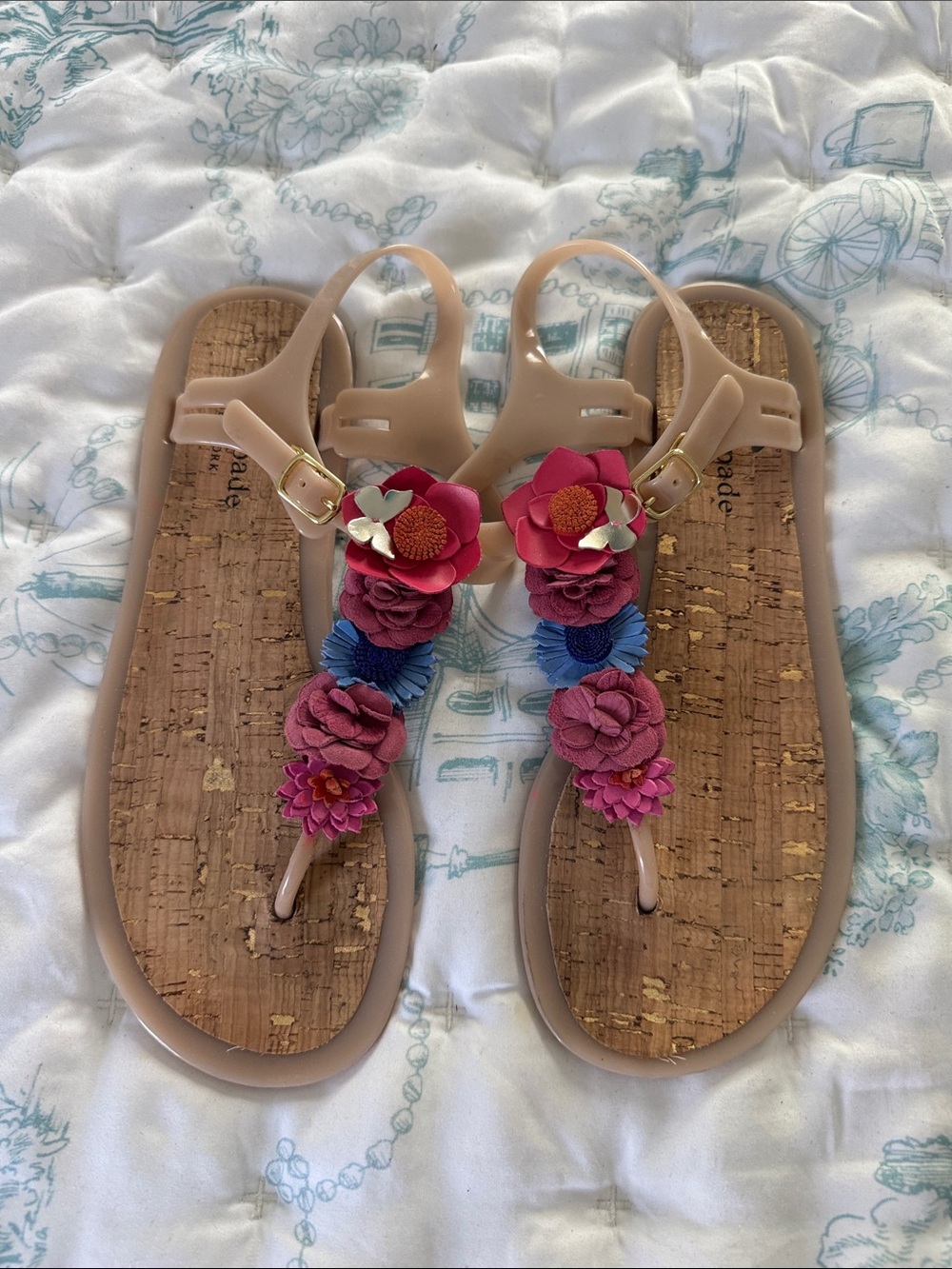 kate spade Nude T-Strap Sandals with Pink and Blue Floral Accents
